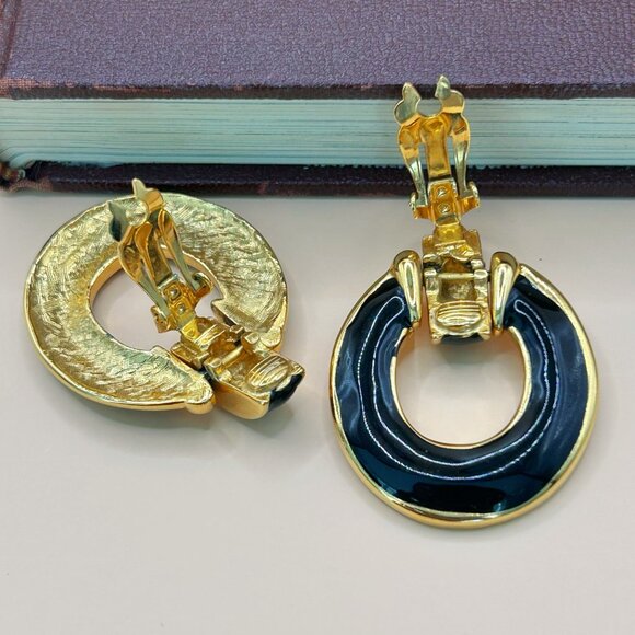 Vintage 1980s Style Statement Clip-On Earrings, Gold Tone with Black Enamel - Picture 9 of 10